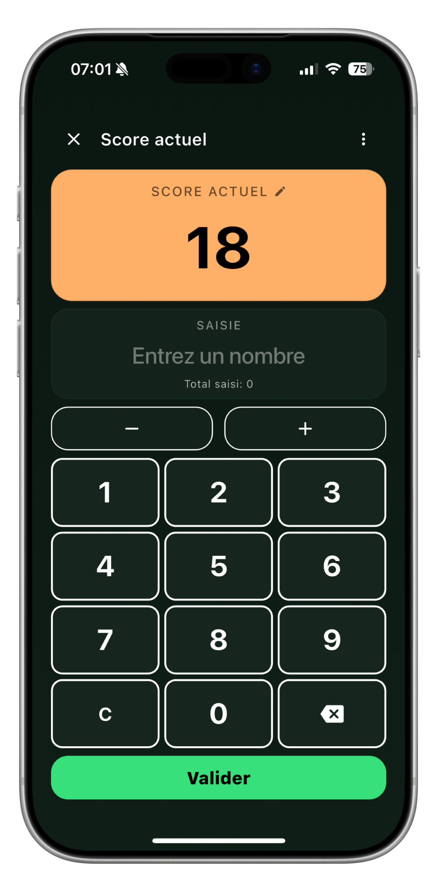 OuiScore affichant la configuration de partie avec disposition personnalisable